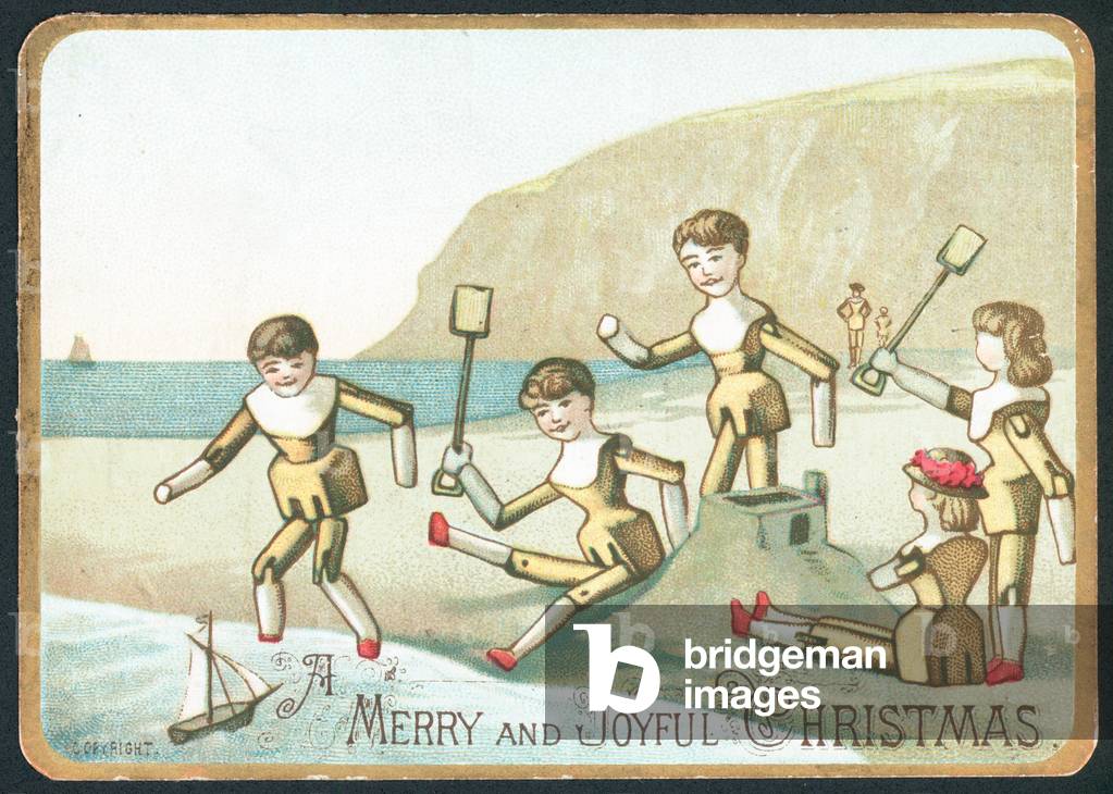 Toys Playing On Beach, Christmas Card (chromolitho)