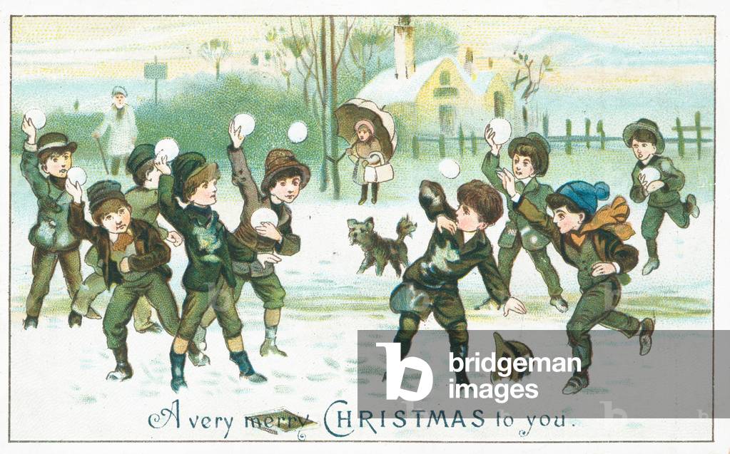 Boys having a snowball fight, Christmas Card (chromolitho)