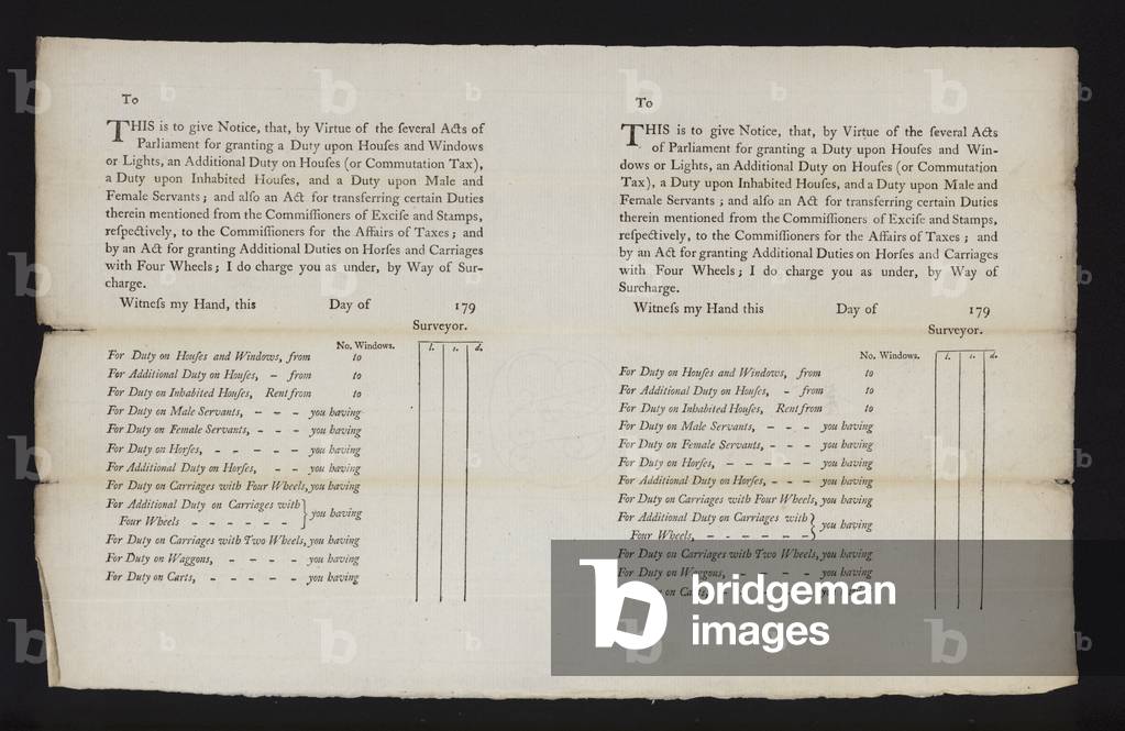 British notice of assessment of taxes payable, 1790s (litho)