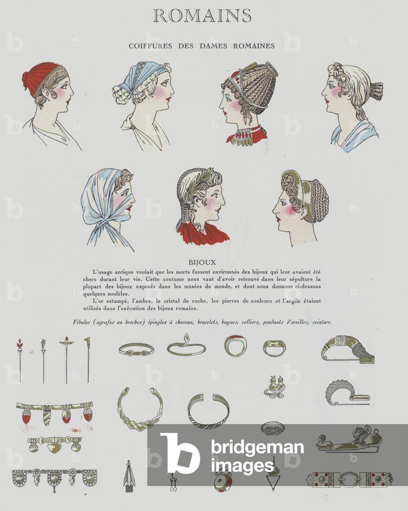 1920s depiction of hairstyles and jewellery from the Roman period (colour litho)