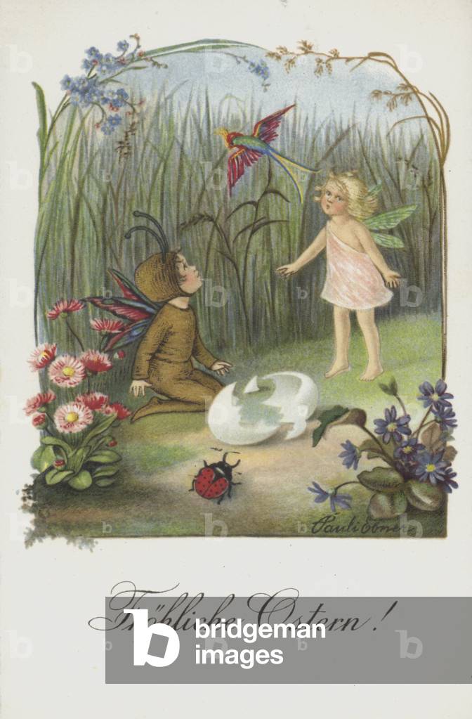 Easter greetings card depicting two fairies in a spring garden. (chromolitho)