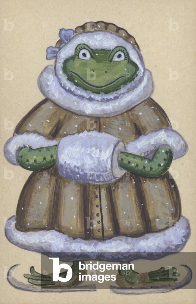 Frog wearing a coat, muff and a pair of ice skates (colour litho)