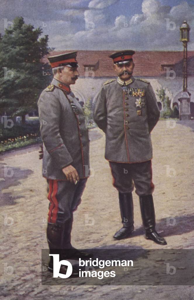 Kaiser Wilhelm II with Field Marshal Paul von Hindenburg, commander of the German army, Posen, World War I, 1915 (colour litho)