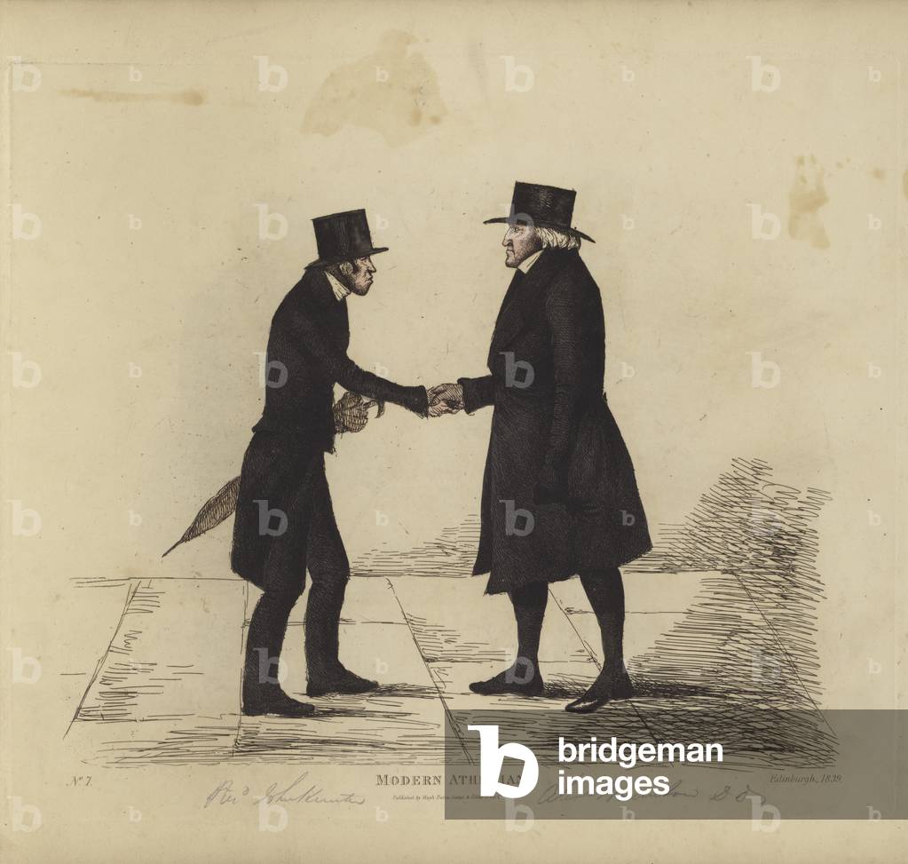 Eminent Edinburghians, aka Modern Athenians, Rev John Hunter, MA, of the Tron Church, Rev Dr Brunton, his colleague, Professor of Hebrew, etc (coloured engraving)