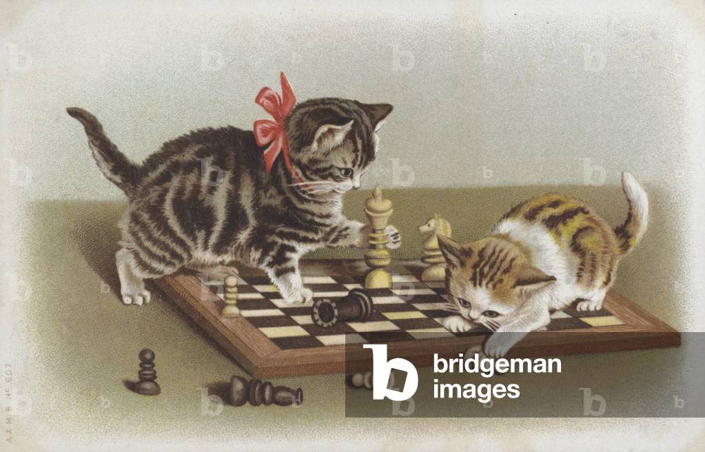 Two kittens playing with chess pieces (chromolitho)