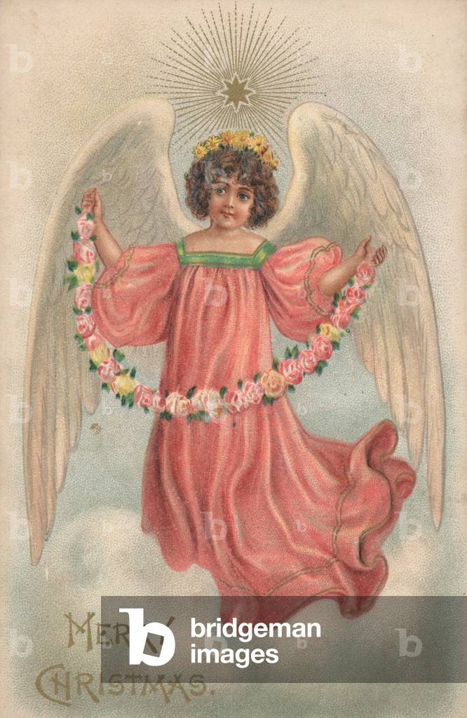 Christmas card with an angel holding a chain of flowers (colour litho)