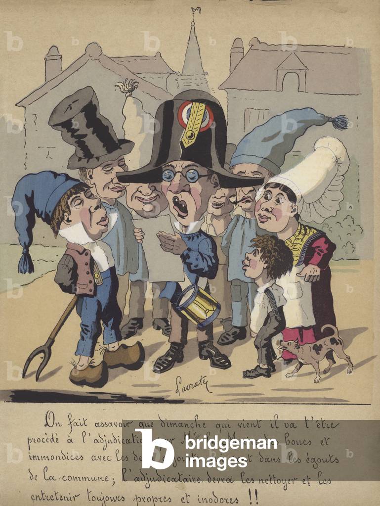 Reading of a notice from the mayor relating to the cleaning of the municipal sewers (colour litho)