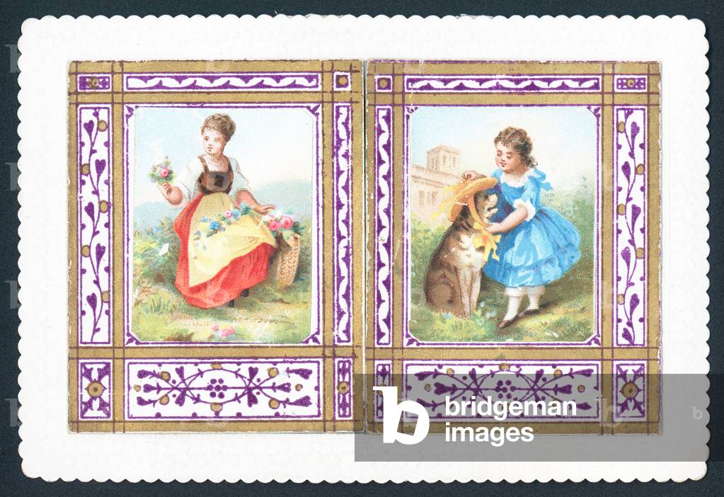 Girl with flowers and putting hat on dog, Christmas Card (chromolitho)