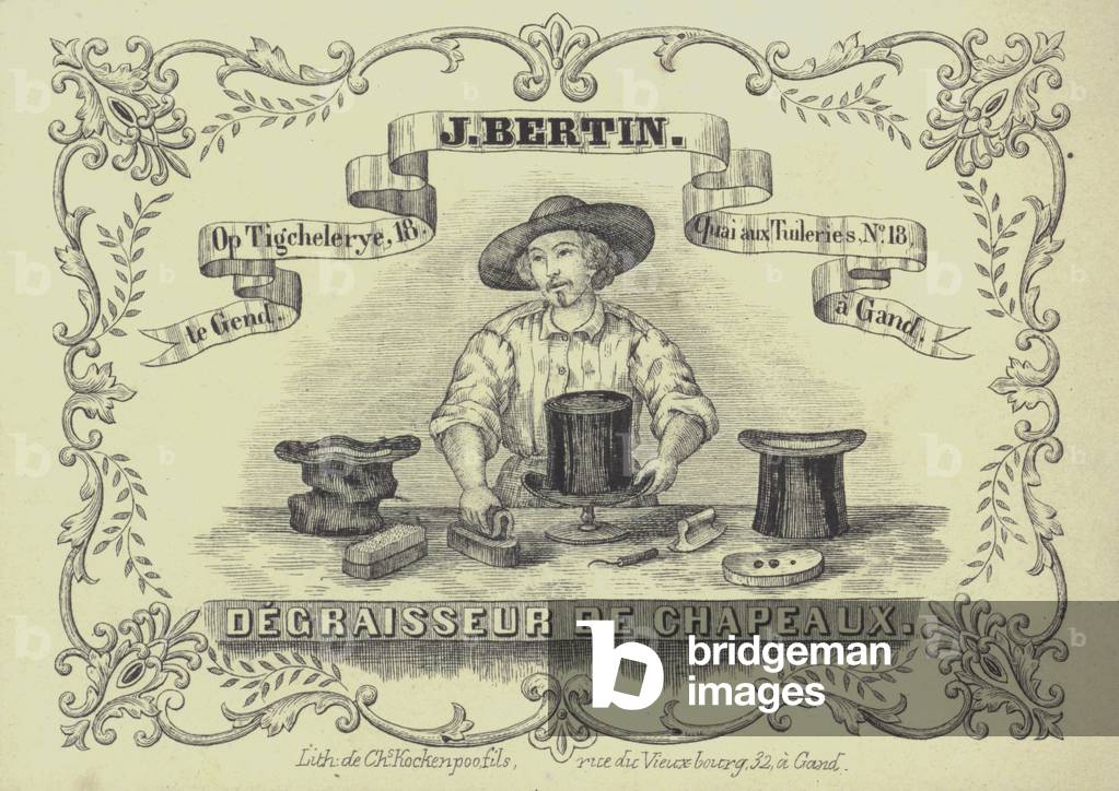 Advertisement for J Bertin, hat cleaner, Ghent, Belgium (litho)