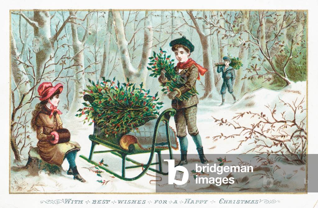 Collecting Holly in the woods, Christmas Card (chromolitho)