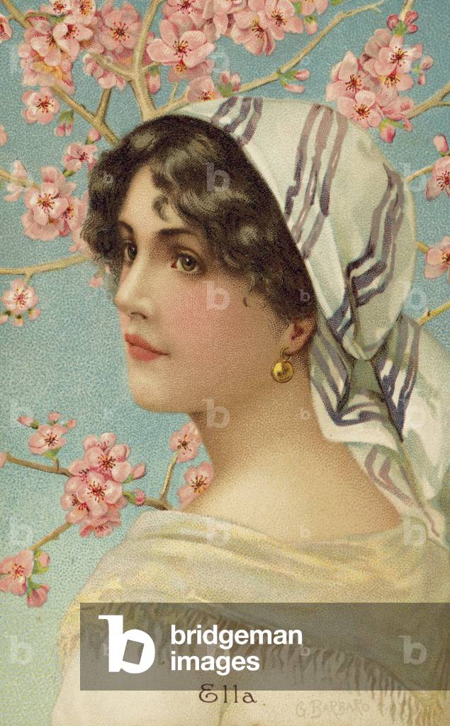 Portrait of a woman with a tree in blossom (colour litho)