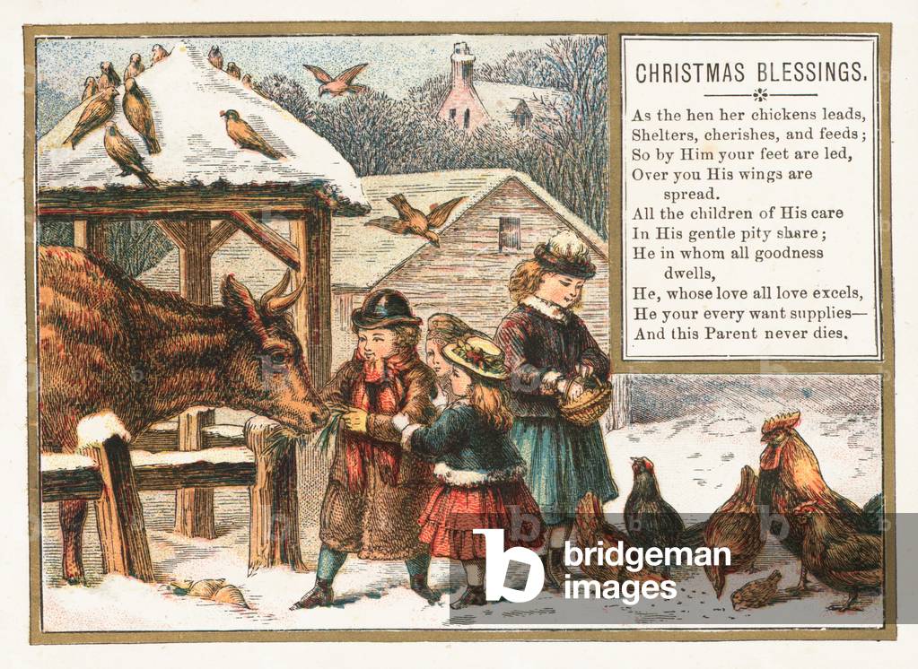 Feeding animals in the snow, Christmas Card (chromolitho)
