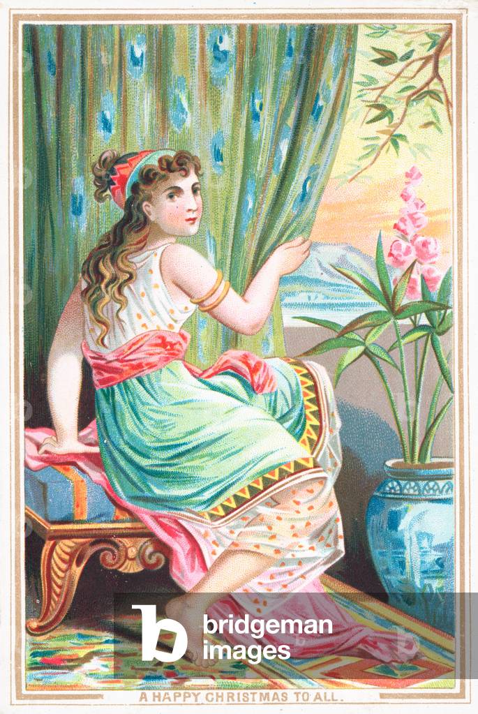 Girl sitting by window, Christmas Card (chromolitho)