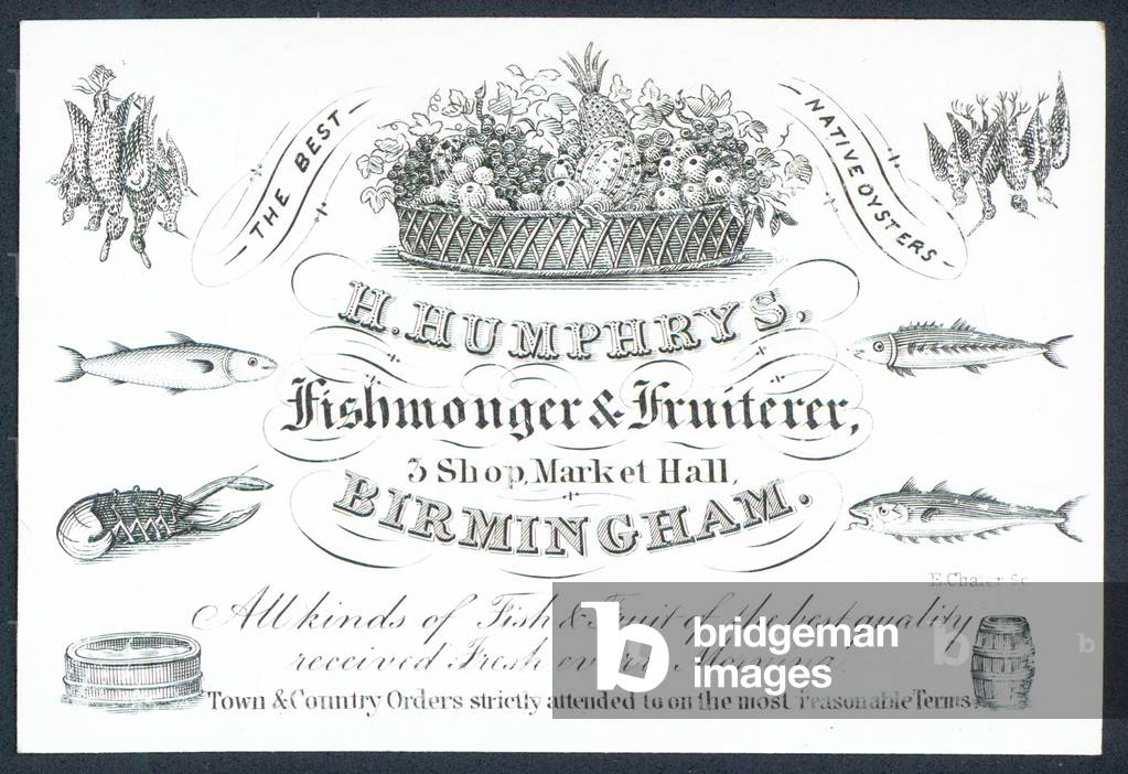 H Humphrys, Fishmonger and Fruiterer, trade card (engraving)