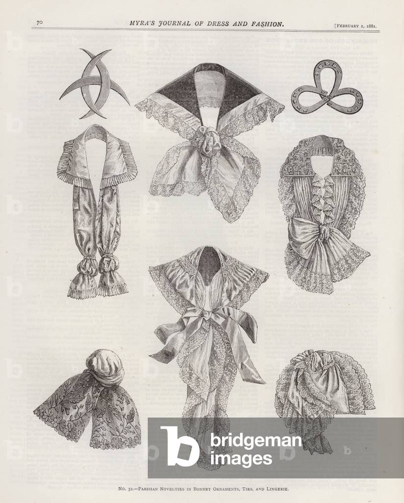 Parisian Novelties in Bonnet Ornaments, Ties, and Lingerie (engraving)
