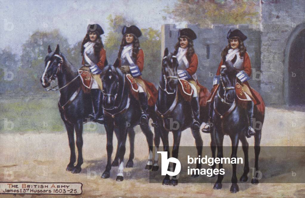 Four soldiers from the 3rd Hussars during the reign of King James I, 1603-1625 (colour litho)