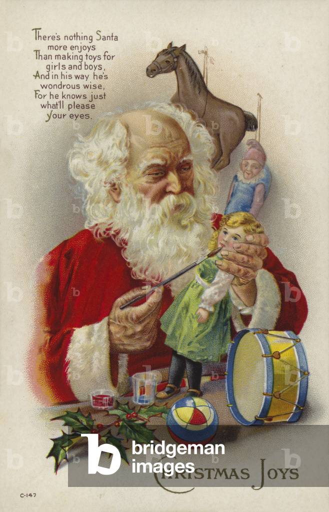 Santa Claus making a doll (colour litho)