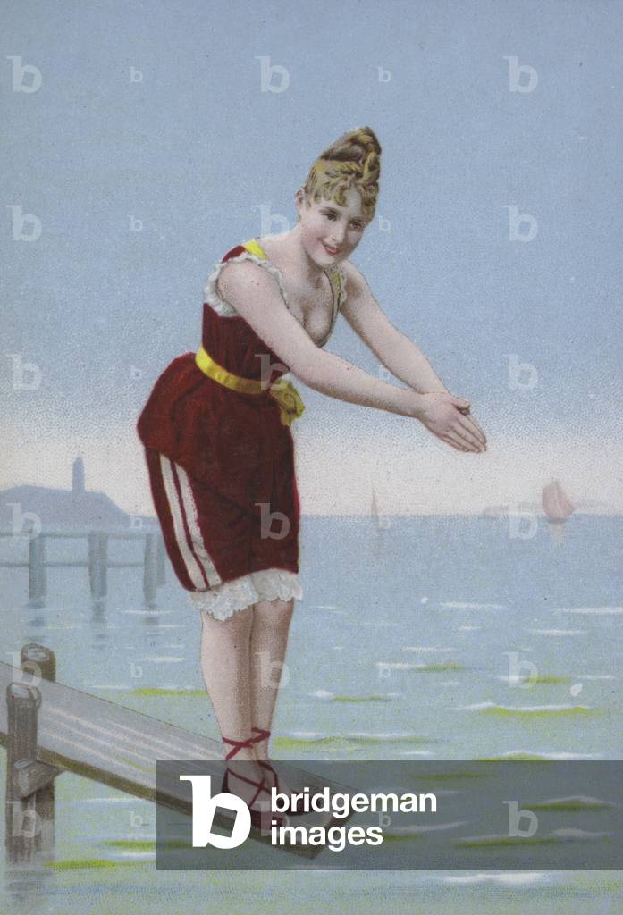 Woman on a diving board at the seaside (chromolitho)