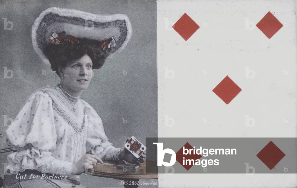 Woman with playing cards and the five of diamonds (colour litho)