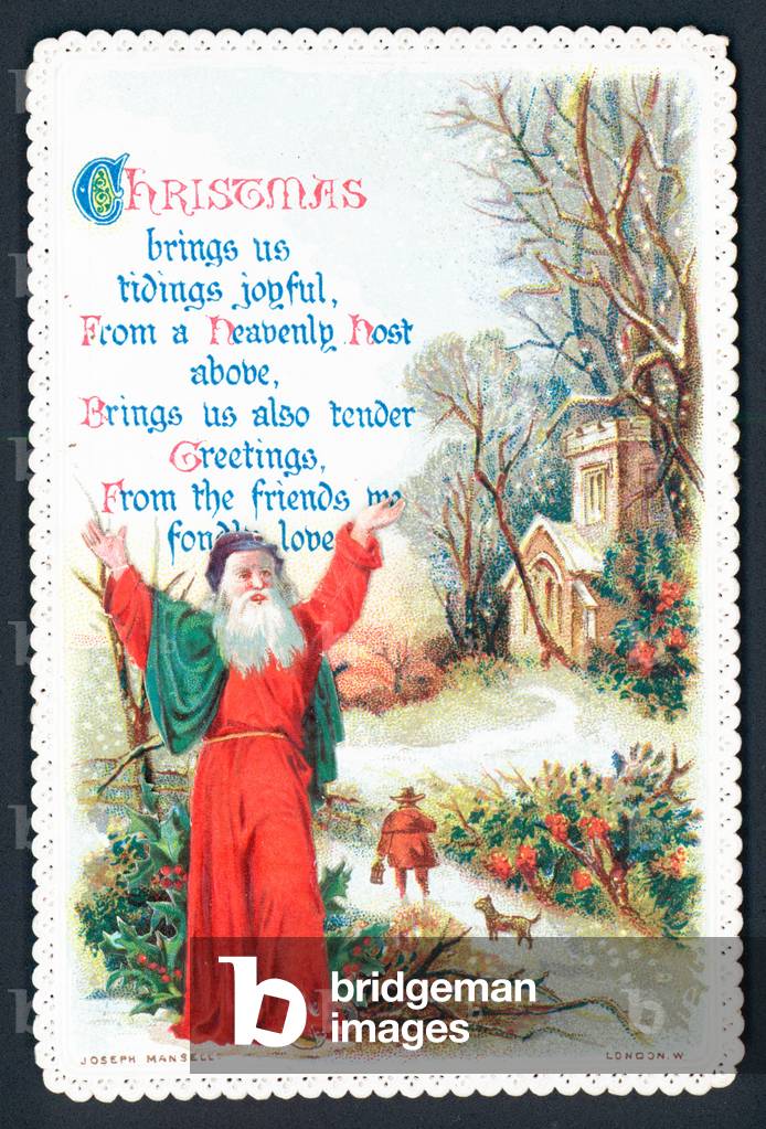 Preacher outside church, Christmas Card (chromolitho)