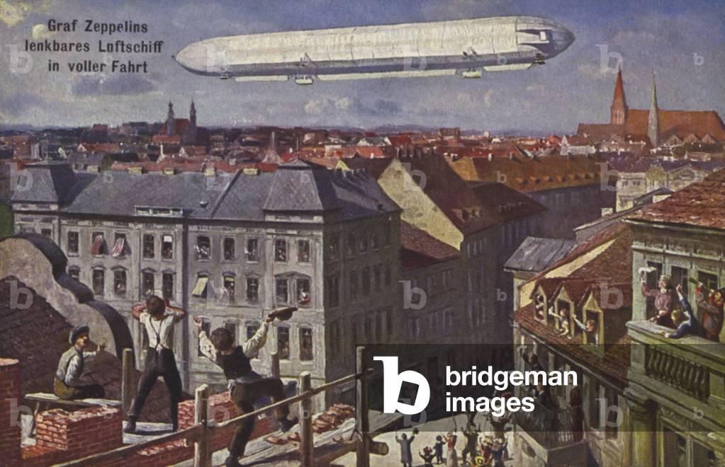 Graf Ferdinand von Zeppelin's airship in flight (colour litho)