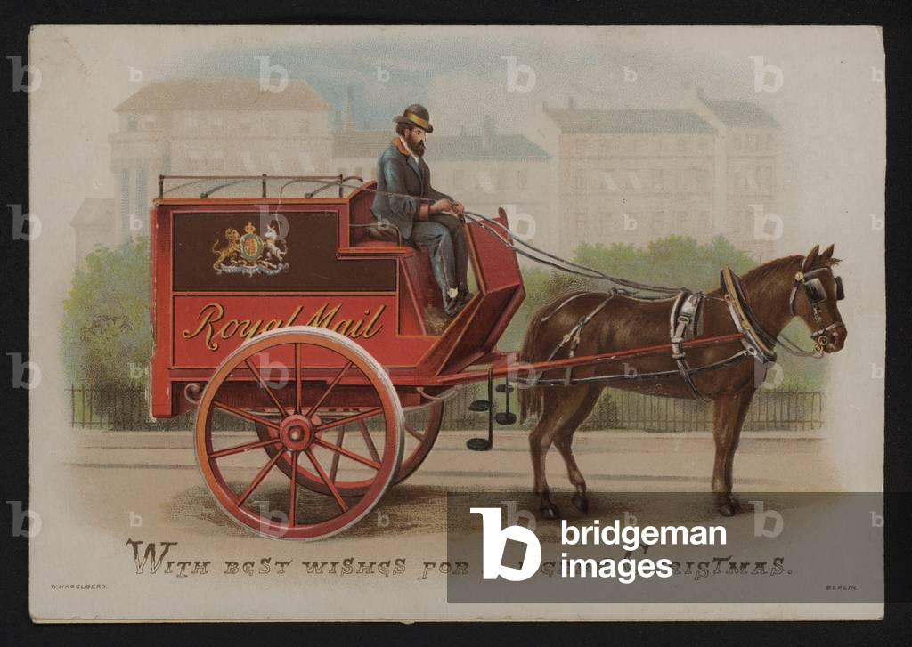 Royal Mail van, Christmas greetings card, late 19th or early 20th Century (chromolitho)