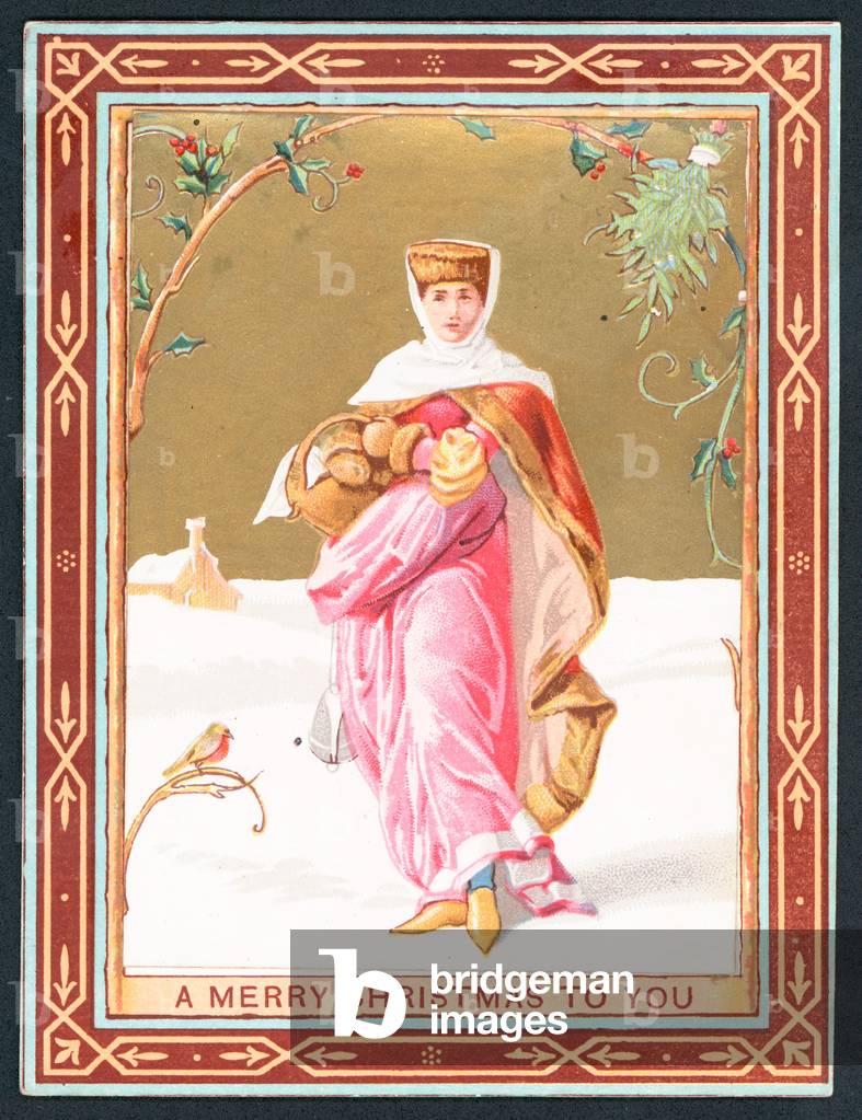 Woman carrying basket in snow, Christmas Card (chromolitho)