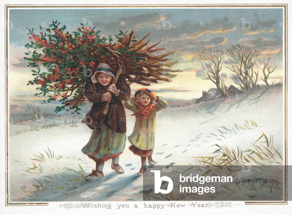 Woman carrying Holly Bush over shoulder, New Year Card (chromolitho)