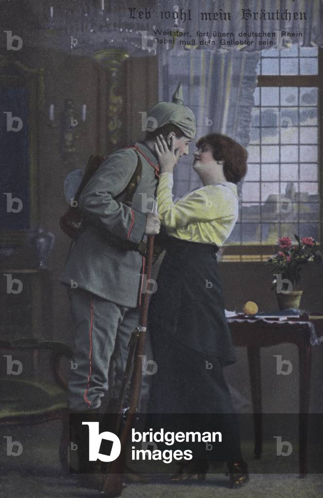 German soldier saying farewell to his wife before going off to war (coloured photo)