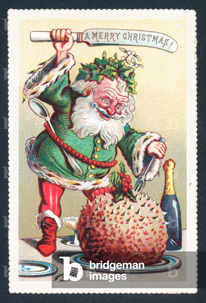 Father Christmas cutting into Plum Pudding, Christmas Card (chromolitho)