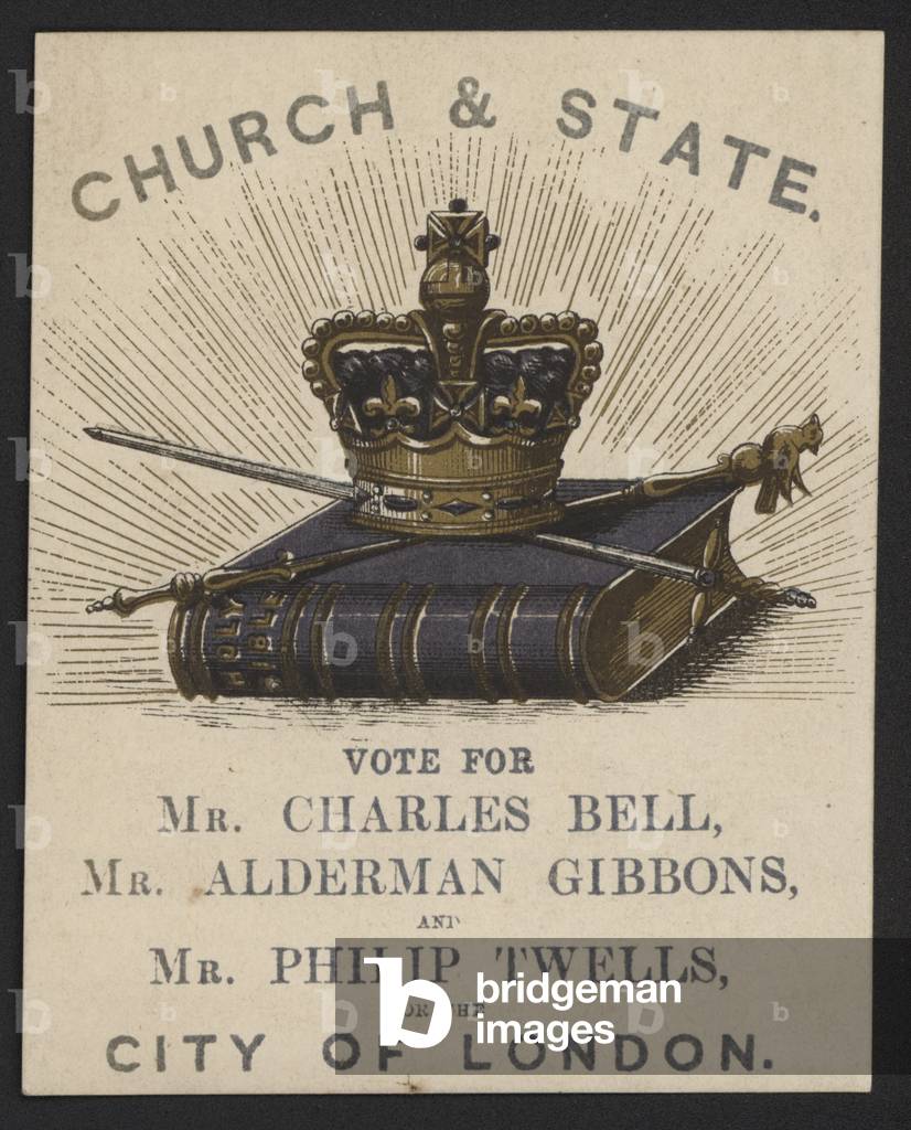 Election campaign leaflet for Charles Bell, Alderman Gibbons and Philip Twells, Conservative candidates for the City of London constituency (colour litho)