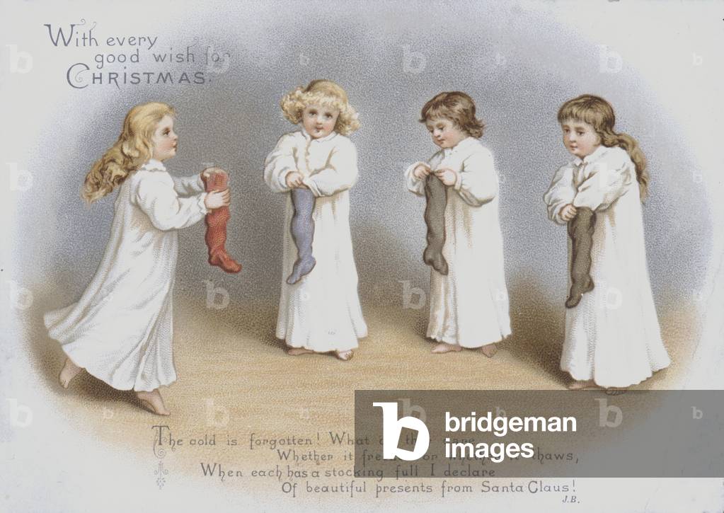 Christmas greetings card depicting children hanging their stockings ready for Santa Claus. (chromolitho)