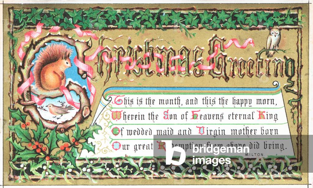 Squirrel sitting on branch, Christmas Card (chromolitho)