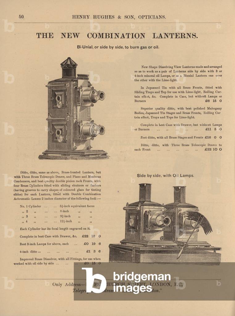 Page from Henry Hughes & Sons New Catalogue, 1893, of Optical Lanterns and Dissolving View Apparatus and Slides (engraving)