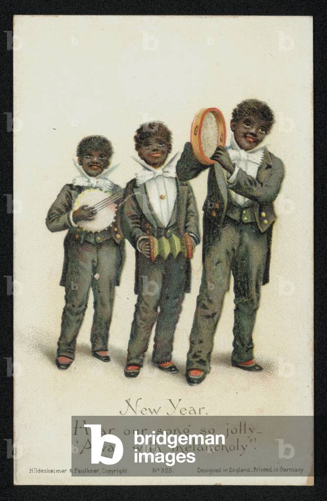 Three black boys playing musical instruments, New Year's greetings card (chromolitho)