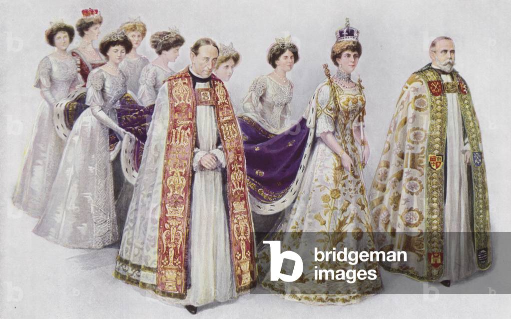 His Majesty the Queen entering the Abbey (colour litho)