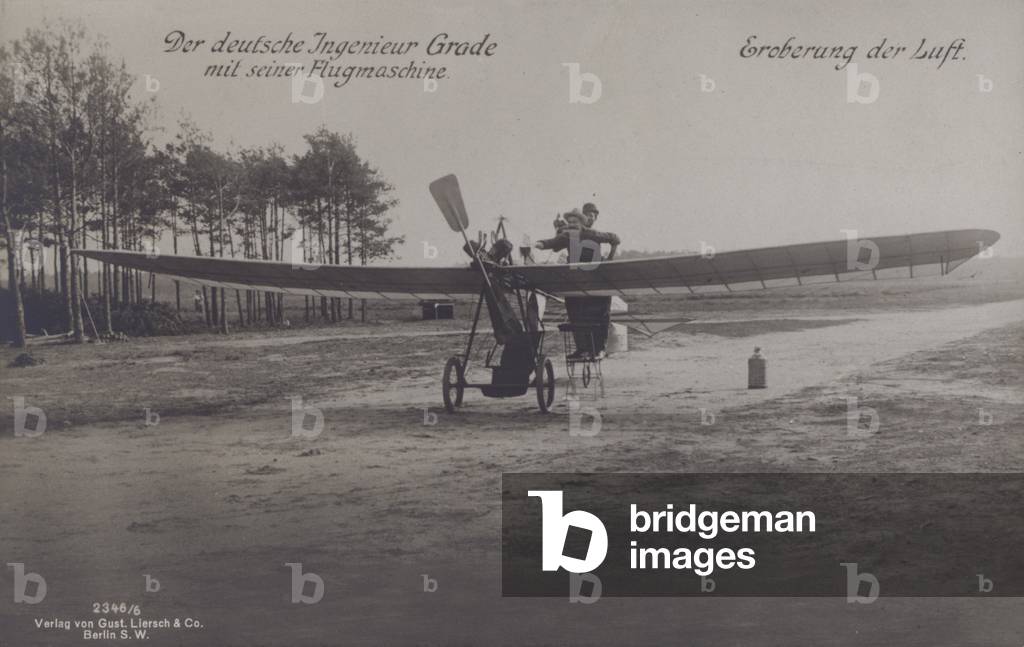German engineer and aviation pioneer Hans Grade with his flying machine (b/w photo)