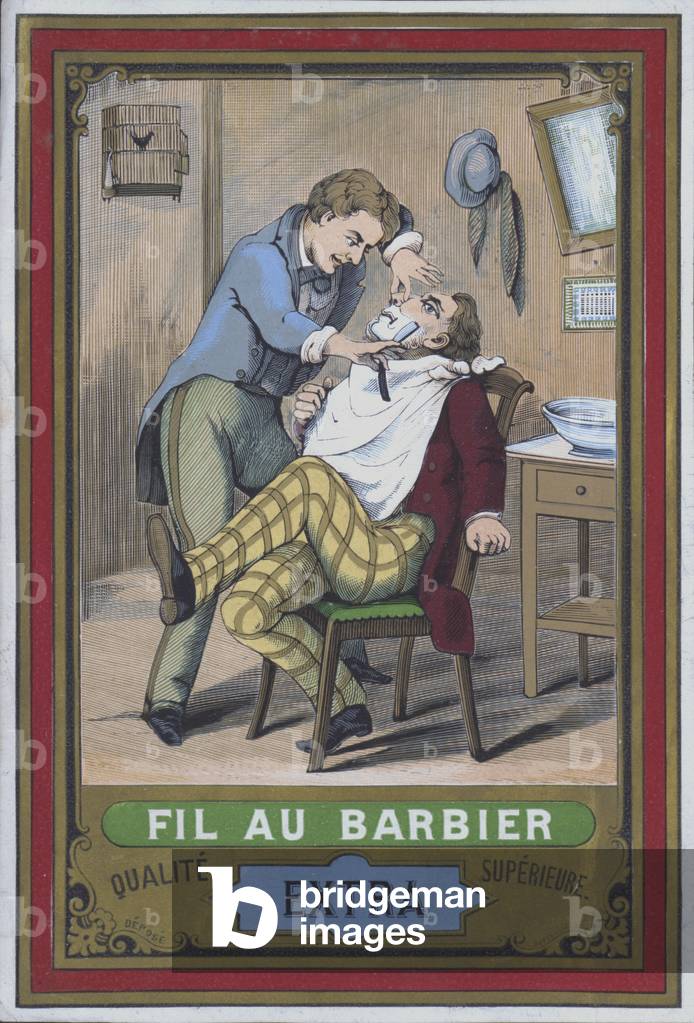 Man being shaved at the barbers (colour litho)