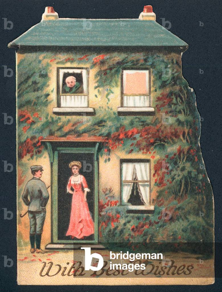 Gentleman calling on Lady, Christmas Card (chromolitho)