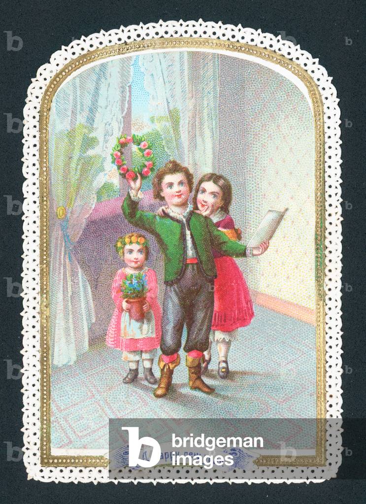 Children with wreath and flowers, New Year Card (chromolitho)