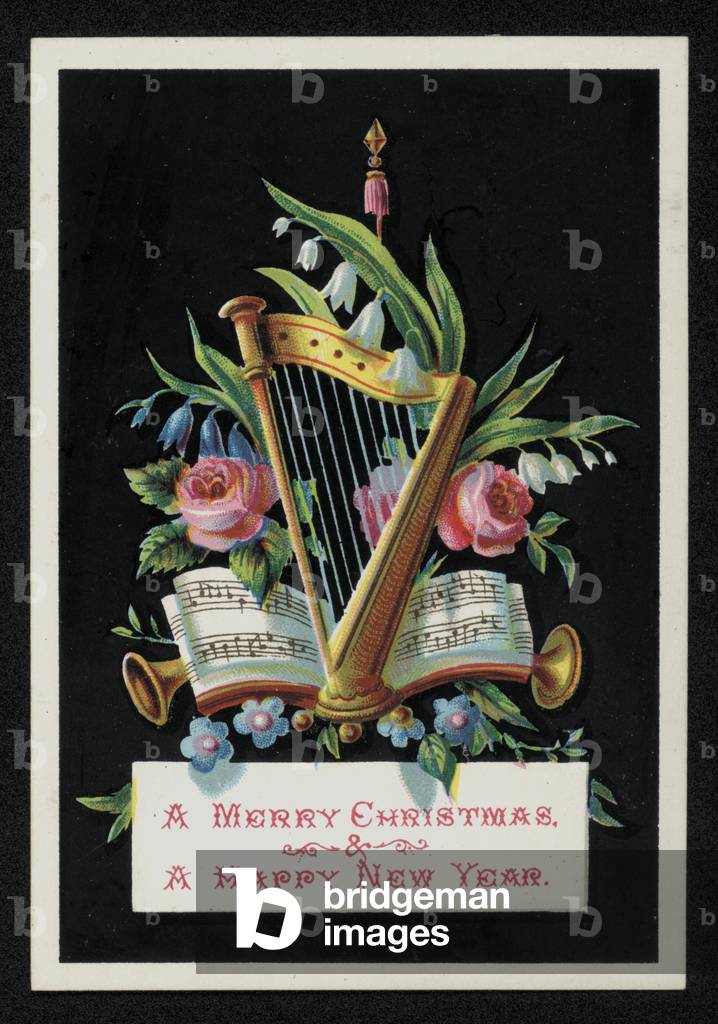 Harp and flowers, Christmas greetings card. (chromolitho)