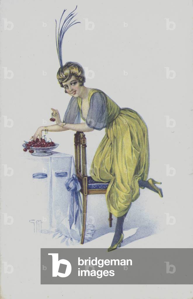Woman in exotic costume with a bowl of cherries (colour litho)