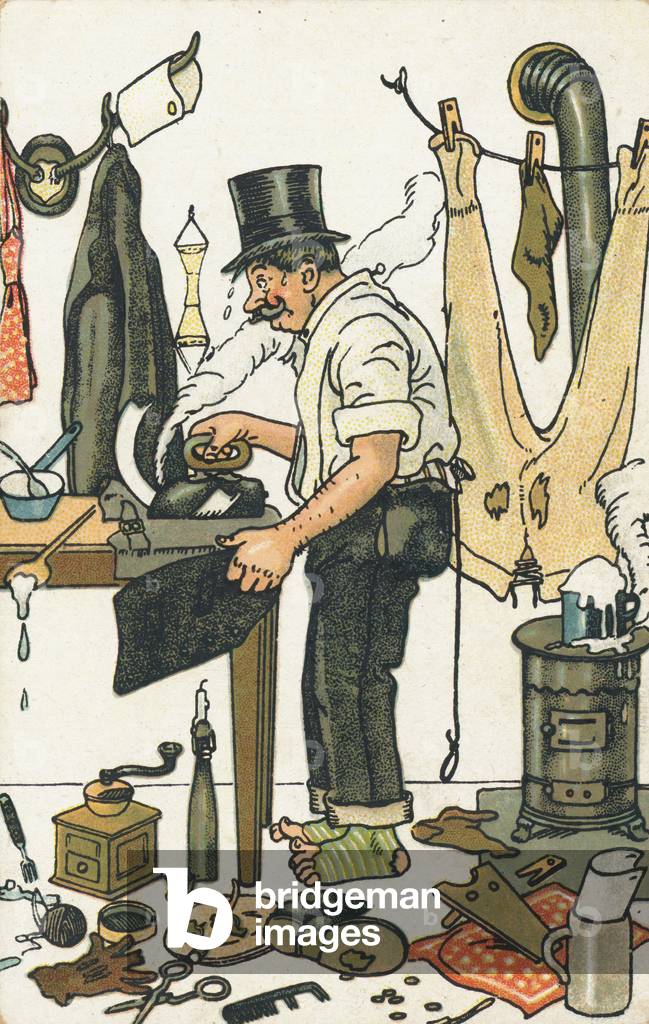 Poor man preparing his clothes for an event (colour litho)