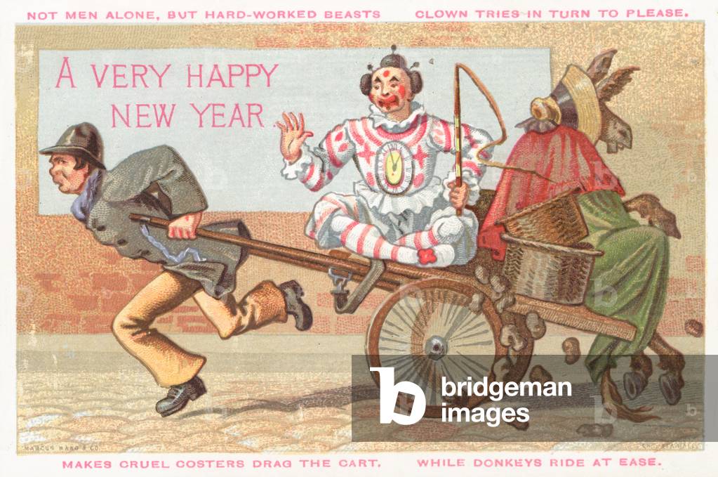 Clown and Donkey being pulled in cart, New Year Card (chromolitho)