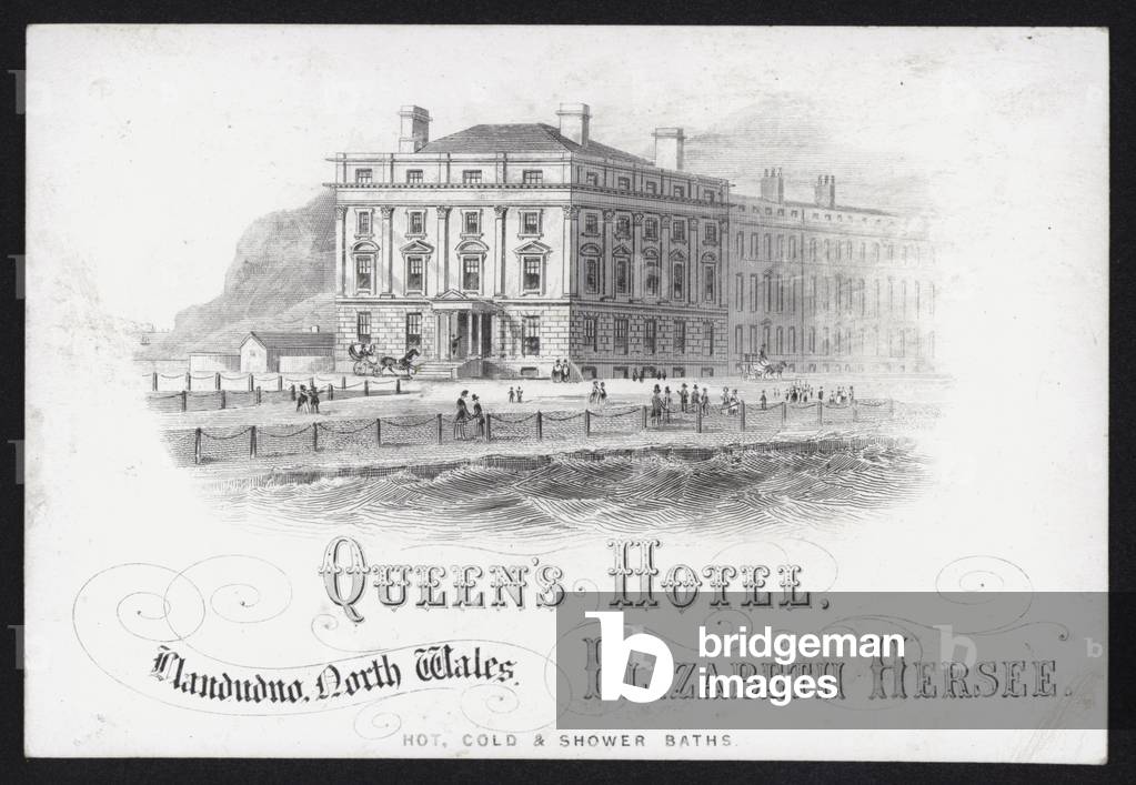 Trade card for the Queen's Hotel, Llandudno, North Wales (engraving)