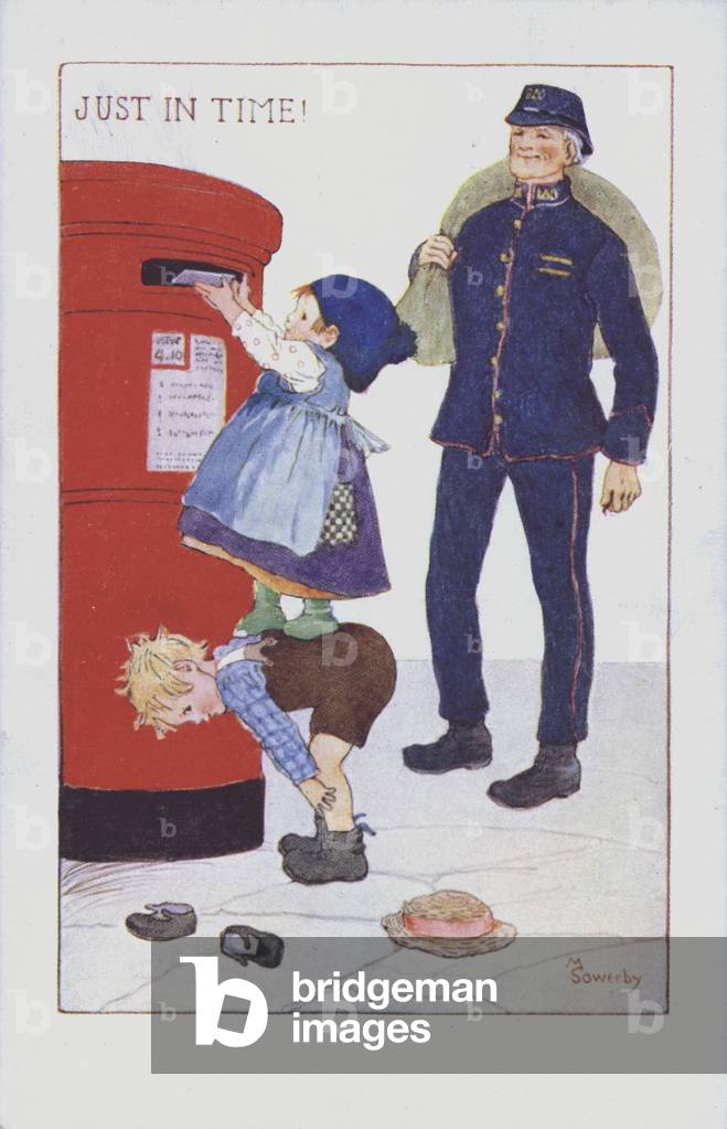 Just in Time! Two children post their letter just in time before the postman comes to make a collection. (colour litho)