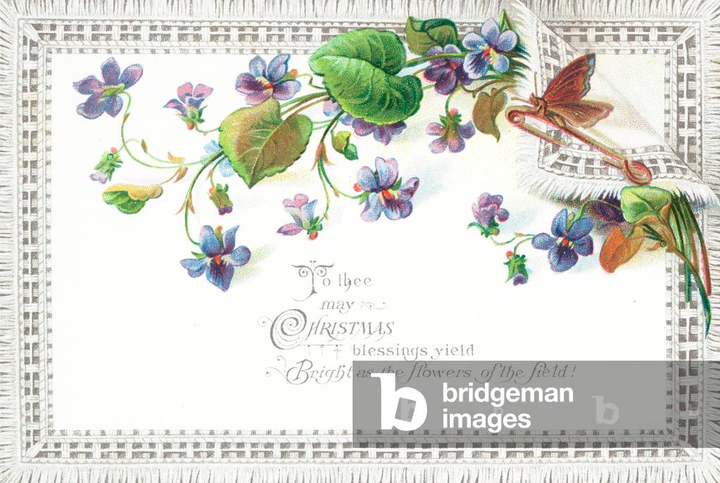 Lilac Field Flowers and Butterfly, Christmas Card (chromolitho)