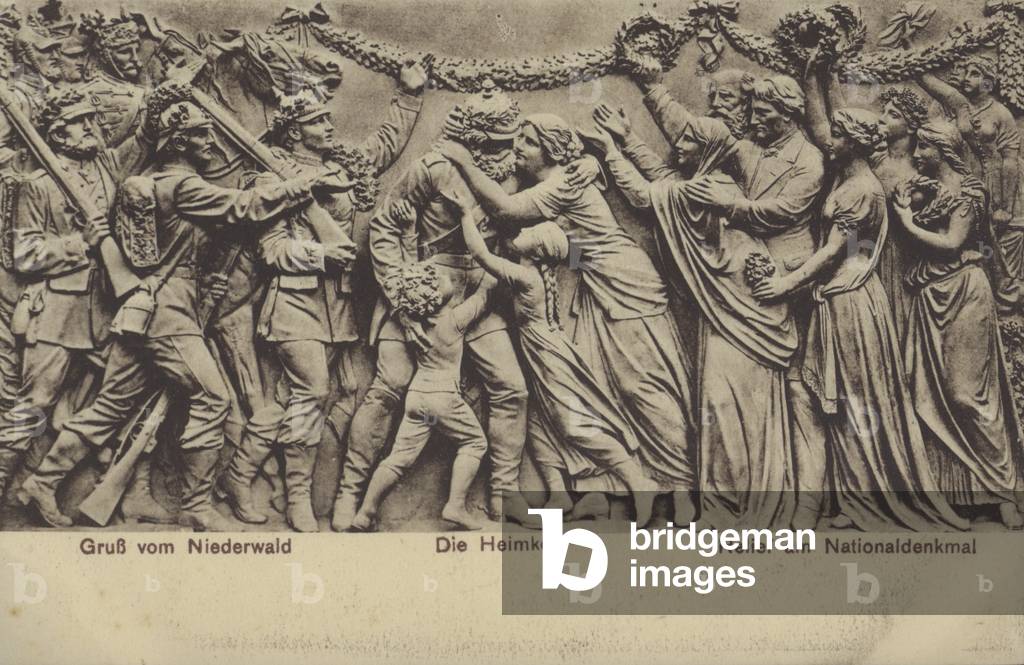The homecoming, relief on the Nationaldenkmal, monument commemorating the unification of Germany, Rudesheim am Rhein, Hesse (b/w photo)