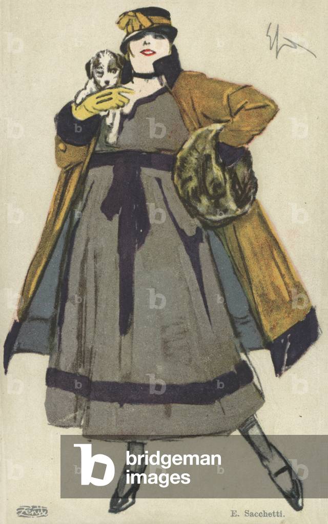 Solidly built and well dressed woman holding dog (colour litho)