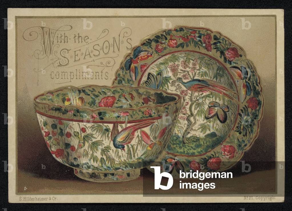 Oriental ceramics depicting exotic birds, Christmas greetings card. (chromolitho)
